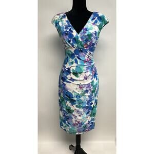 Ralph Lauren Dress Womens Floral Sz 12 Slimming Empire Waist V-neck Ruched Glam